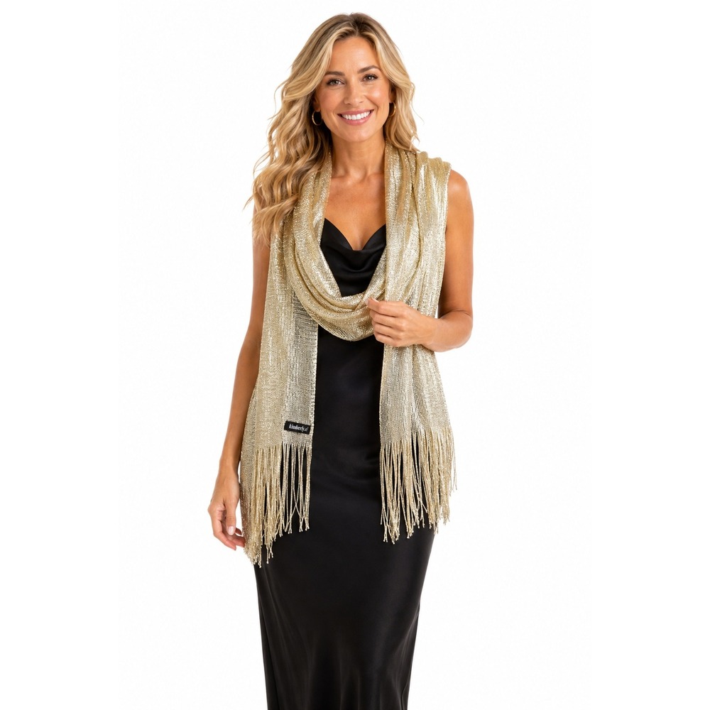 Kimberly.c Scarf OS Gold Metallic Mesh Wrap Gatsby Fringe Formal Evening Shawl